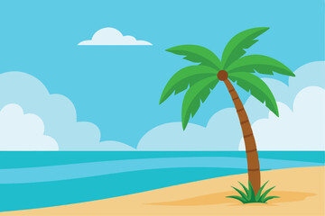 Obraz premium A cartoon depiction of a tropical beach scene with a palm tree, sand, ocean, and clouds in a blue sky.