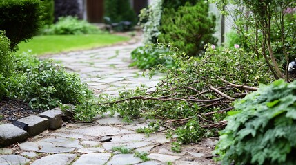 Garden pathway adorned with scattered branches and fresh cuttings after some pruning and yard work.