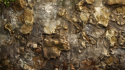 A textured rock wall with brown and gray tones and a small patch of green leaves in the corner