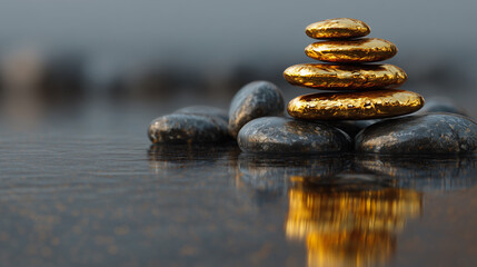 Stacked golden and gray stones reflection