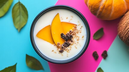 Fresh mango smoothie served in a bowl with colorful background displays a healthy and vibrant tropical fruit delight