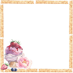 Square frame of wafer sticks with strawberry-blueberry ice cream in a waffle cup watercolor. Clipart
