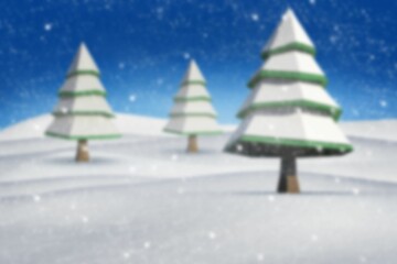 Flat design pine tree is standing on rolling snowdrift under deep blue sky with falling snowflakes