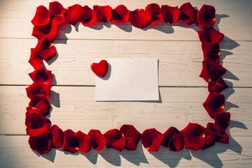 Frame of red rose petals with paper