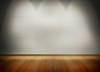 Flat design is showcasing illuminated white brick wall and hardwood floor with overhead spotlights