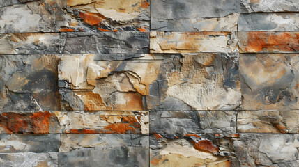 A close up of a textured stone wall with shades of gray, brown, and orange in a horizontal pattern