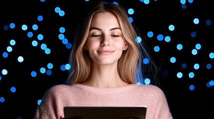 Woman Using Digital Tablet in Bokeh Light