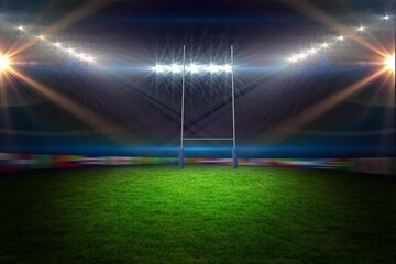Flat design showing white rugby goalposts on turf under glowing stadium floodlights, blurred boards