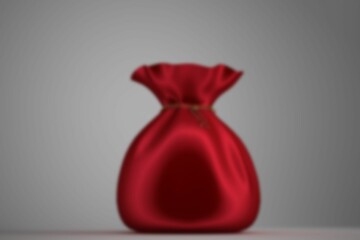 3D render is showing red satin pouch on grey backdrop with thin drawstring and subtle folds