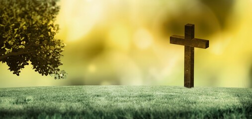Flat design illustration is showing grassy hill with wooden cross and leafy tree under golden bokeh