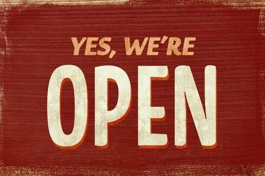 Fototapeta Flat-design sign is showing deep red wood with “YES, WE'RE OPEN” beige letters and orange shadow