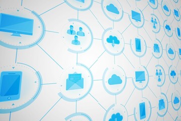 Flat design network is showing dotted lines linking cloud email monitor smartphone and user icons