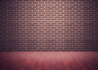Textured red brick wall is standing in flat design illustration, featuring glossy hardwood floor