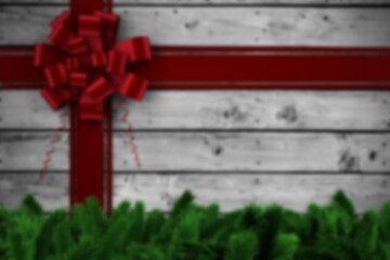 Flat design depicting whitewashed wooden planks wrapped with red ribbon and pine branch garland
