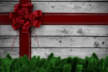 Fototapete Flat design depicting whitewashed wooden planks wrapped with red ribbon and pine branch garland © vectorfusionart
