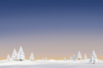 Flat design winter landscape is showing snow-laden pine trees with drifts under gradient dusk sky