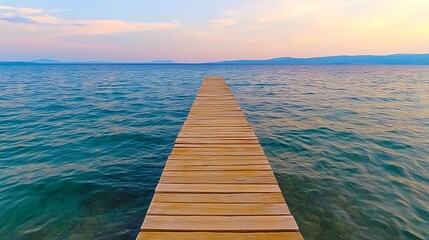 Wooden Pier Extending Into Calm Ocean at Sunset