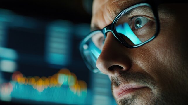 Focused Investor Analyzing Financial Data on Computer Screen Reflection
