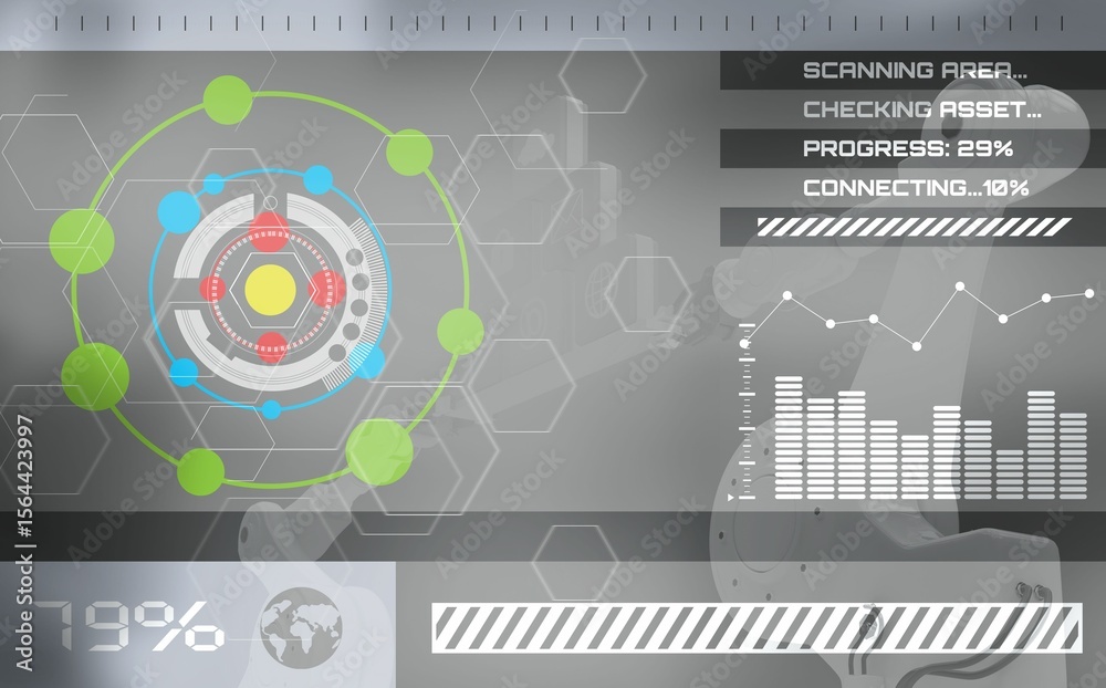 Fototapete Composite image of circle shape icons and graphs on screen