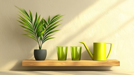 Wooden Shelf With Green Decor And Palm Plant