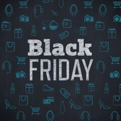 Black Friday text with Christmas icons on blackboard