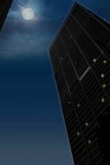 Towering skyscraper with adjacent building is glowing under full moon and lens flare in flat design