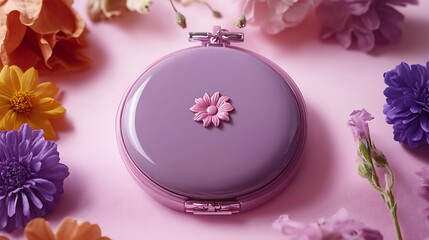 Pretty lavender compact surrounded by colorful spring blossoms evokes feminine beauty and gentle pastel tones.