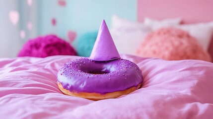 Festive purple donut with a party hat rests on a pink bed, creating a whimsical and joyful still life scene with colorful decor.