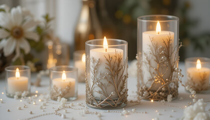 Elegant white candles glow warmly within glass holders, adorned with delicate floral accents and scattered pearls for a serene atmosphere.