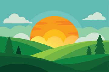 Fototapeta premium Colorful illustration of rolling hills at sunrise.