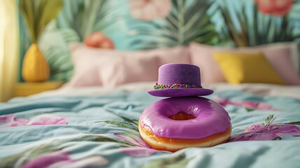 Delightful still life showcases a purple donut wearing a whimsical hat on a floral patterned bed, creating a playful food scene.