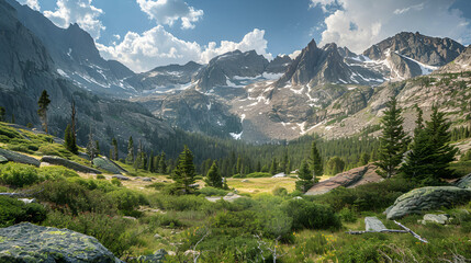 Valley view with rocky mountains snowy peaks and evergreen trees under a partly cloudy sky day light