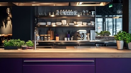 Modern kitchen interior showcasing purple cabinetry, wooden countertops and stainless steel appliances for a sleek design aesthetic.