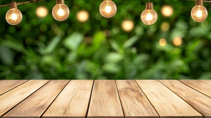 Wooden Table Top With String Lights And Blurred Green Foliage Background