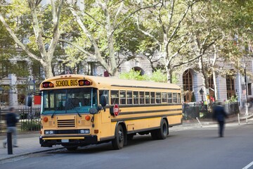 Yellow school bus is parked in flat design along street under leafy trees, showcasing iron fence