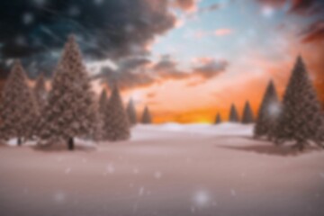 Flat design winter scene is showing snowy pine trees with falling snowflakes under sunset clouds