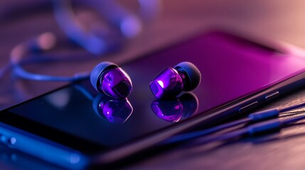 Earbuds sit on a sleek smartphone, reflecting vivid purple and blue tones, ready for music or podcasts with modern tech.