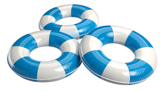 Three blue white inflatable swim rings transparent background