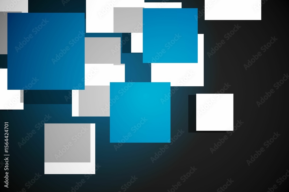 Poster overlapping blue, white and gray squares are floating on flat design with subtle gradient glow