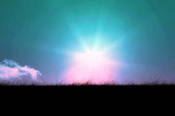 Flat design sun with radiant flares is rising over grass silhouette under gradient sky, puffy cloud