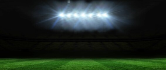 Flat vector illustration showing stadium floodlights lighting grass field and seating at night