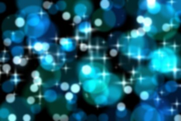 Abstract bokeh pattern is glowing in flat design, showing blue green circles and star sparkles