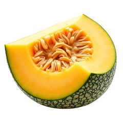 Close up of a slice of ripe cantaloupe melon with seeds isolated on transparent background