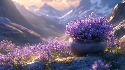 Tranquil mountain landscape showcases lavender blooms, with snow-capped peaks in the background offering a peaceful alpine scene.