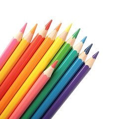 A rainbow of colored pencils arranged diagonally isolated on transparent background
