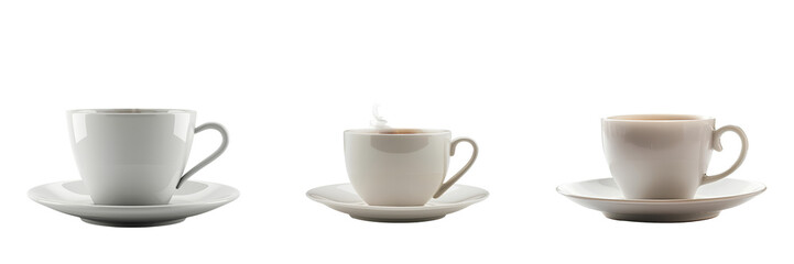 Obraz premium Set of white ceramic tea or coffee cups with saucers isolated on transparent background