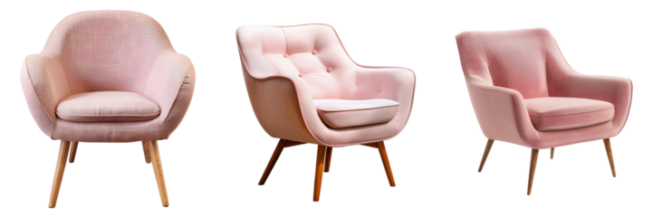 Set of modern pink armchairs in different styles, isolated on transparent background

