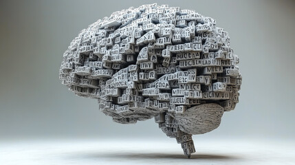 A human brain constructed entirely from letters of the alphabet and various texts. The concept of Idea, Knowledge, Creative, Language, and Intelligence. Generative AI.