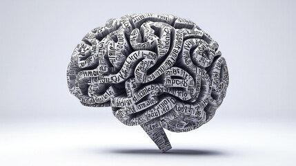 A human brain constructed entirely from letters of the alphabet and various texts. The concept of Idea, Knowledge, Creative, Language, and Intelligence. Generative AI.