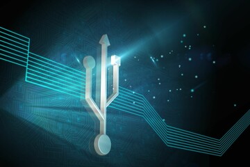 3D USB icon is floating in virtual circuit board environment, featuring neon blue circuit traces